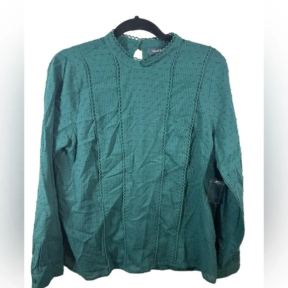 Mod Cloth Blouse Green High Collar Swiss Dot Semi Sheer Size M.  Key hole button - Picture 1 of 5